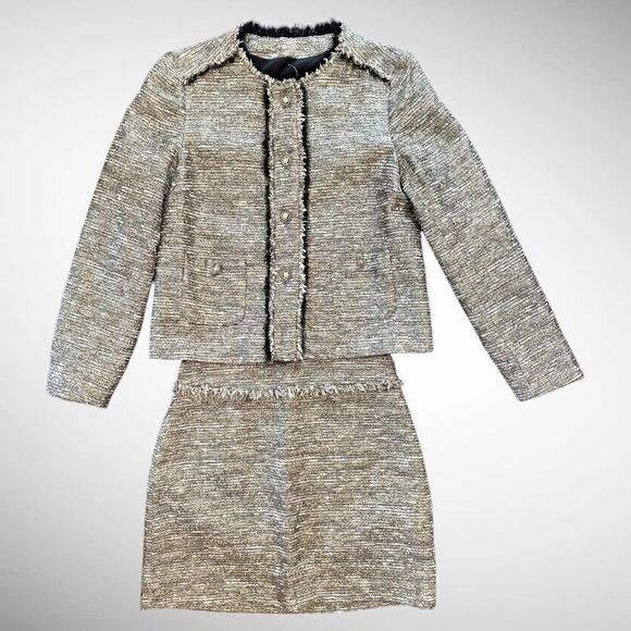Zara Tweed Blazer and Mini Skirt Set in Gold Shimmer Size XS - Picture 1 of 14